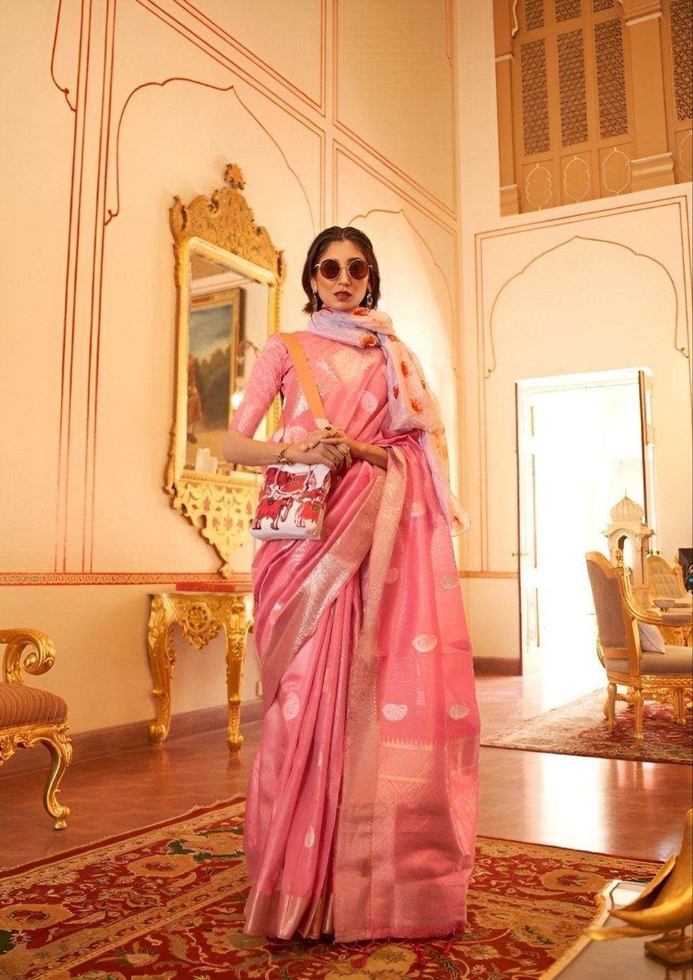 EKKTARA Saree For Women Ruby Pink Tissue Zari Organza Weaving Saree