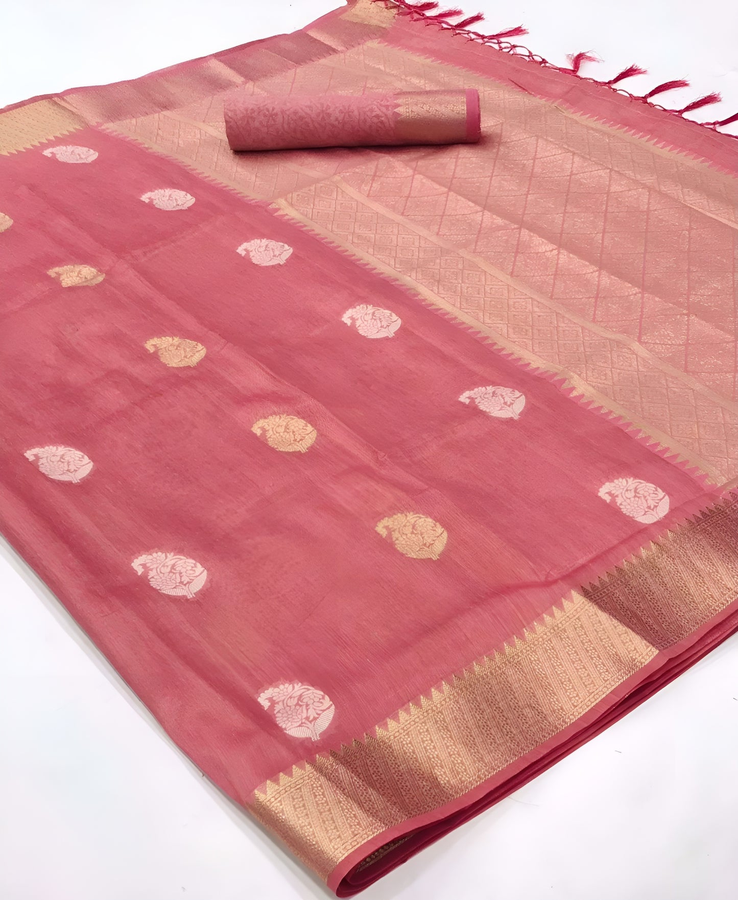 EKKTARA Saree For Women Ruby Pink Tissue Zari Organza Weaving Saree