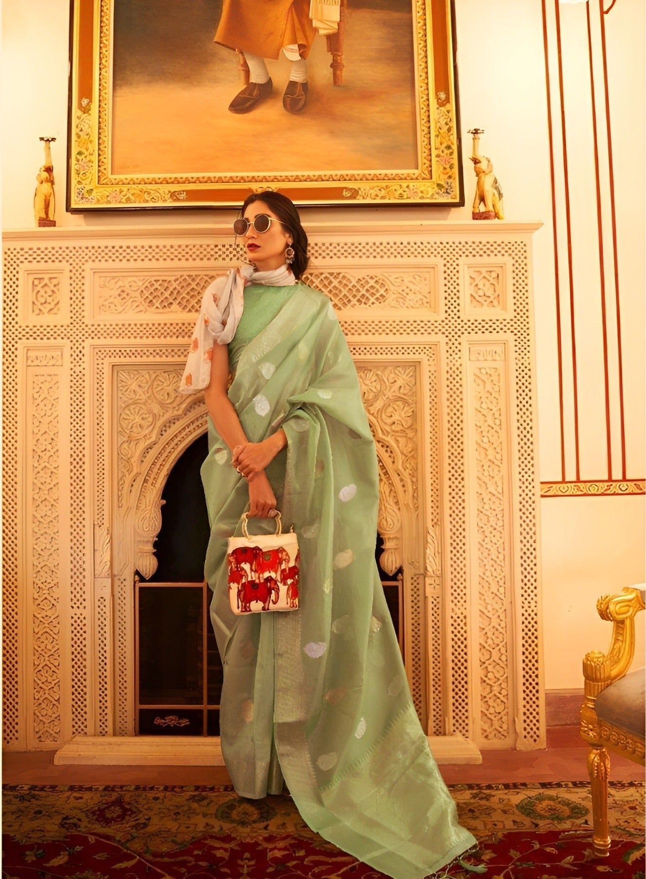 EKKTARA Saree For Women Emerald Green Tissue Zari Organza Weaving Saree