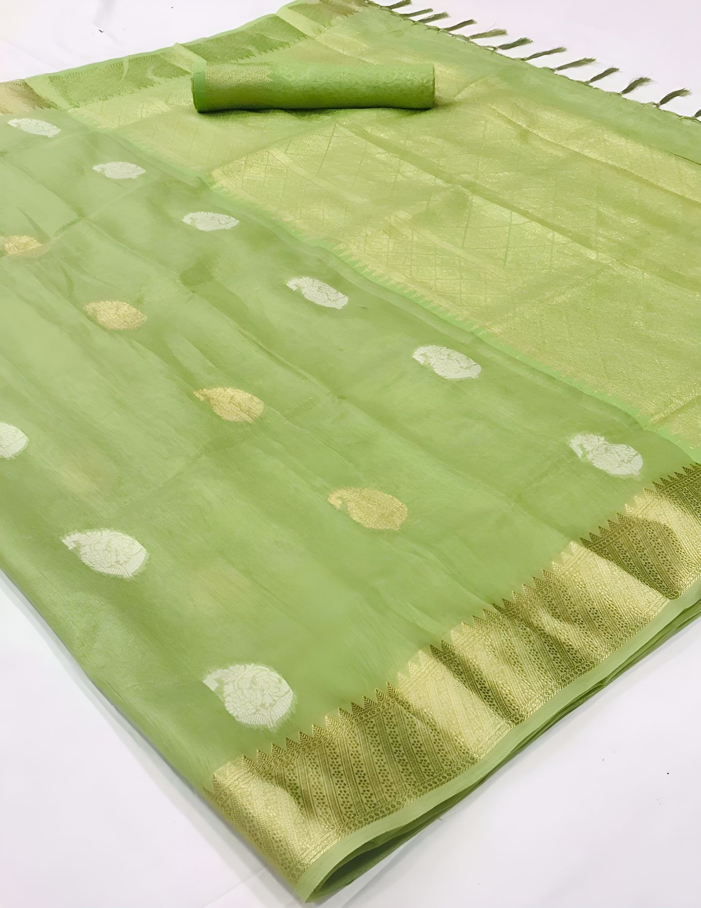 EKKTARA Saree For Women Emerald Green Tissue Zari Organza Weaving Saree