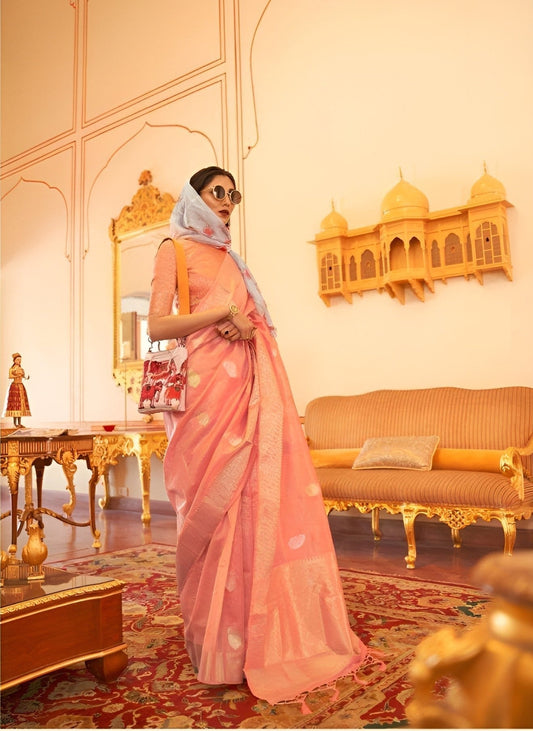 EKKTARA Saree For Women Honey Orange Tissue Zari Organza Weaving Saree
