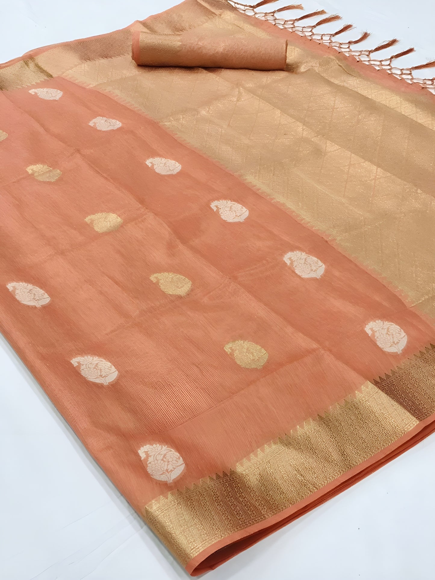 EKKTARA Saree For Women Honey Orange Tissue Zari Organza Weaving Saree