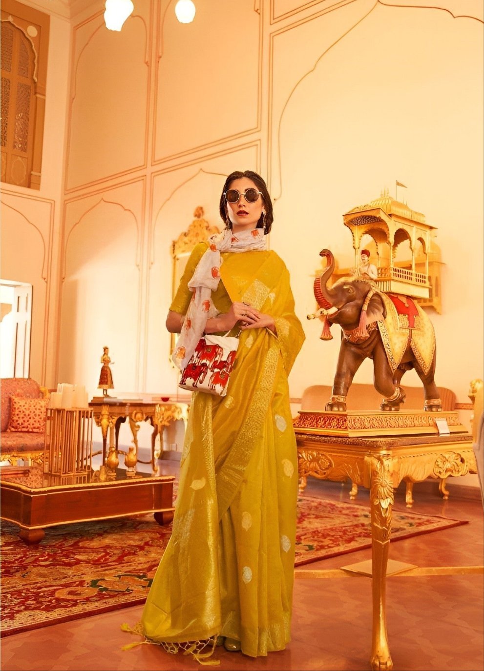 EKKTARA Saree For Women Royal Yellow Zari Organza Weaving Saree