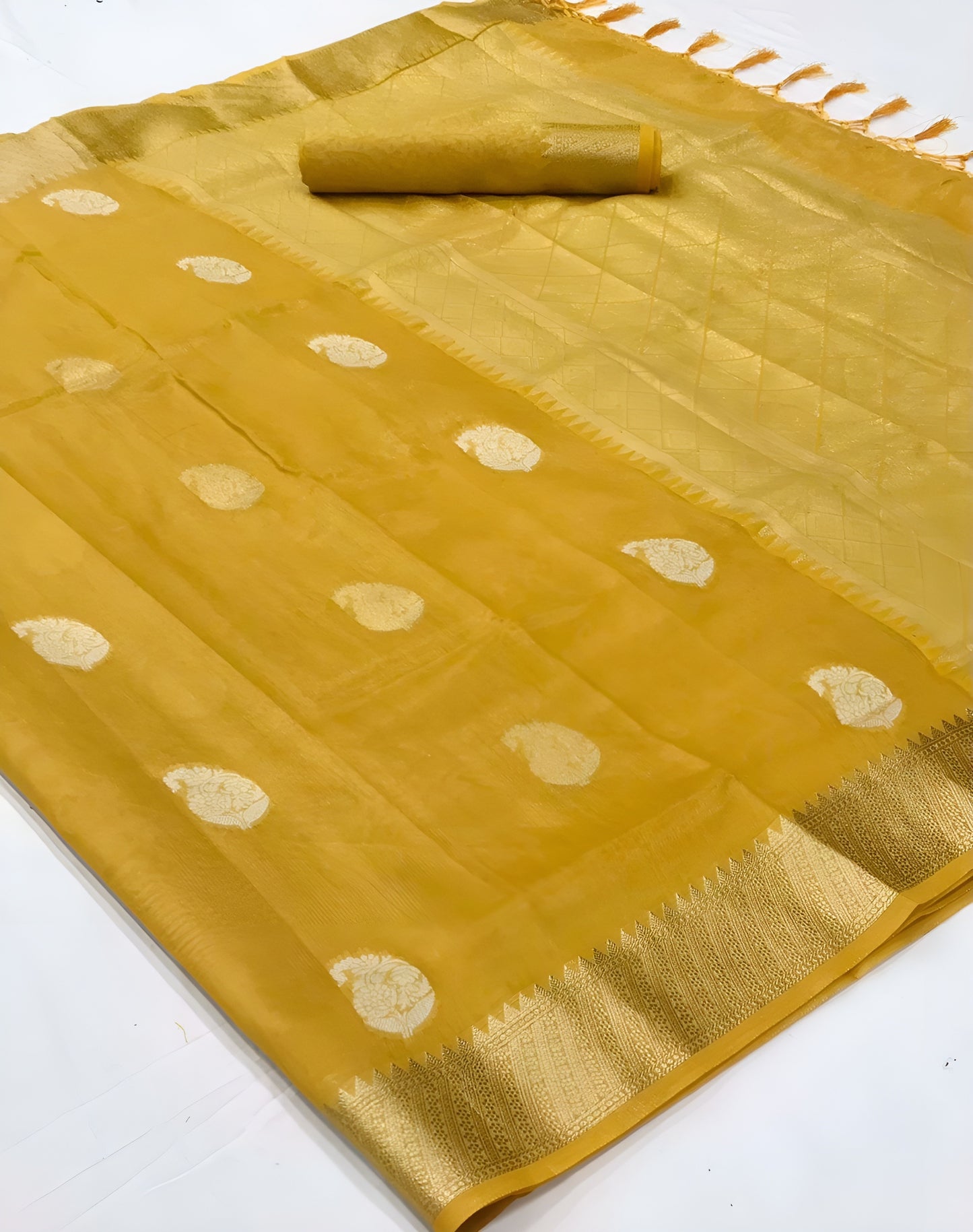 EKKTARA Saree For Women Royal Yellow Zari Organza Weaving Saree