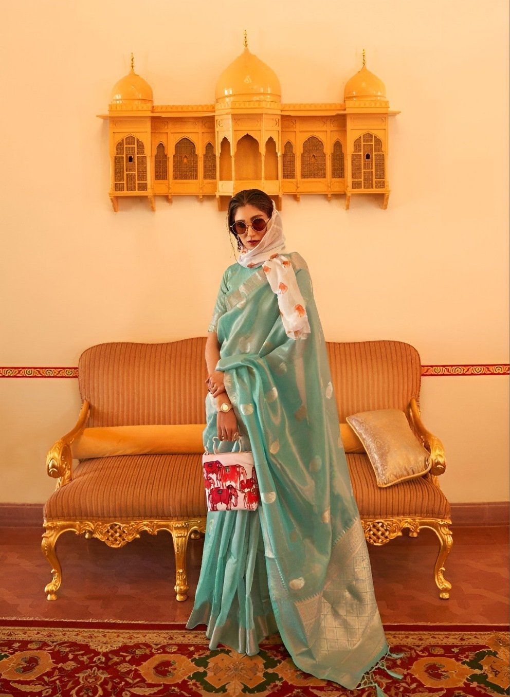 EKKTARA Saree For Women Sea Green Zari Organza Weaving Saree