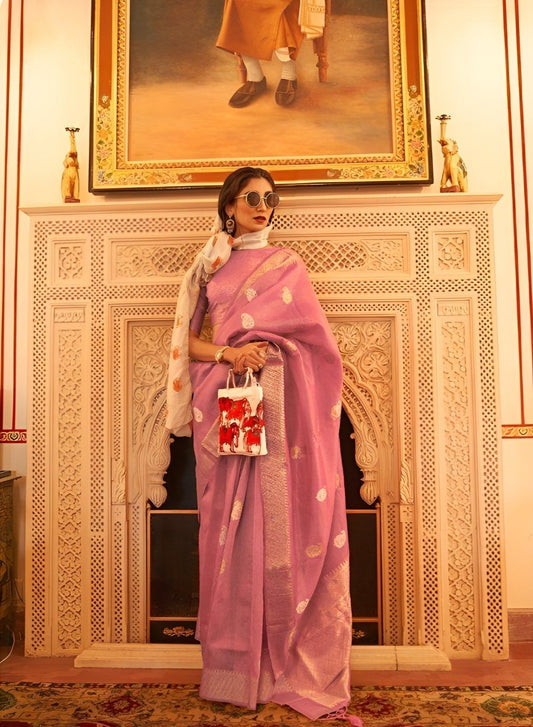 EKKTARA Saree For Women Thulian Pink Zari Organza Weaving Saree