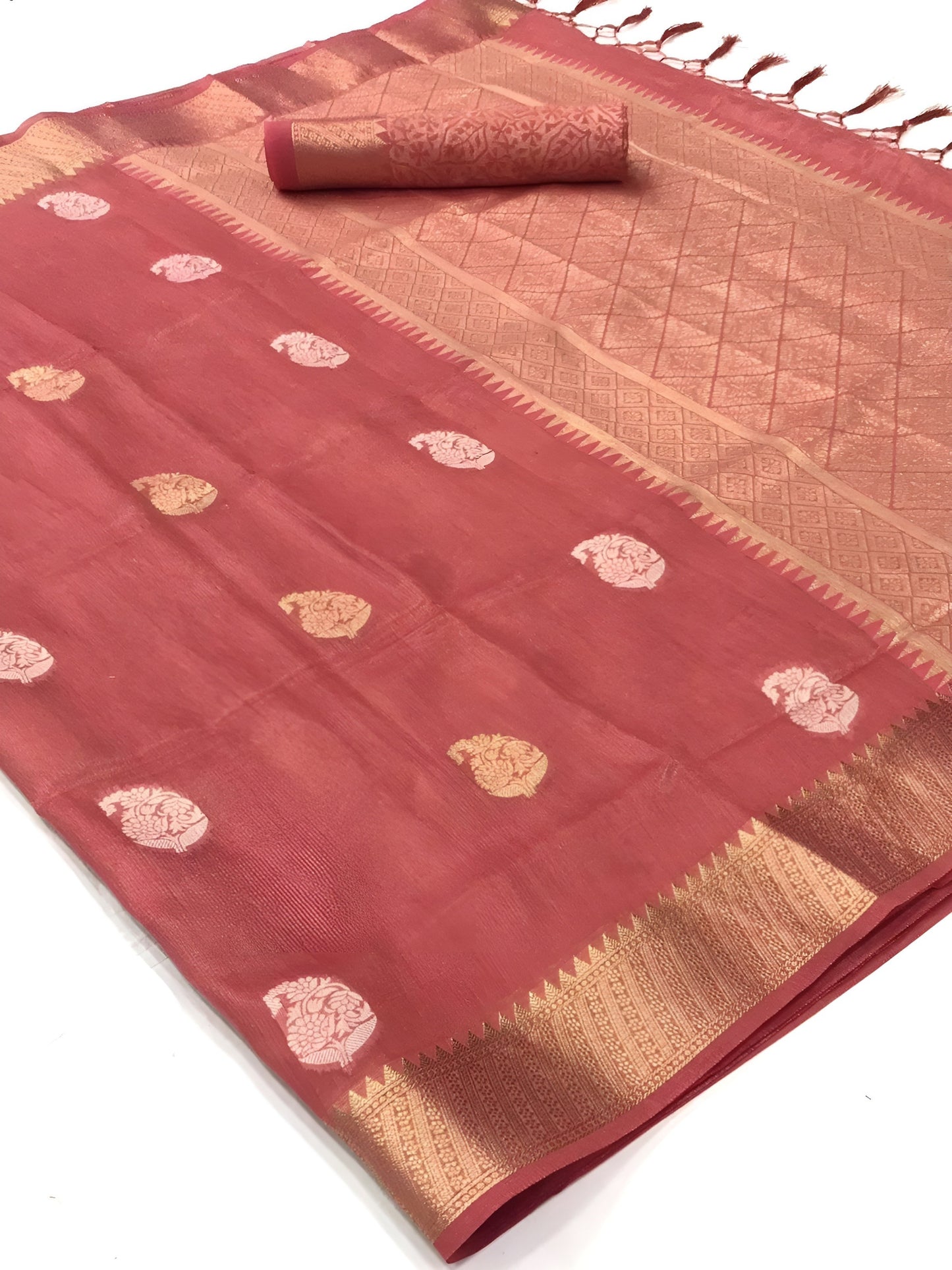 EKKTARA Saree For Women Thulian Pink Zari Organza Weaving Saree