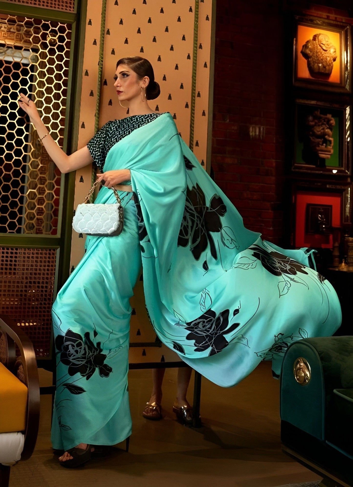 EKKTARA Saree For Women Aqua Satin Silk Crepe Saree
