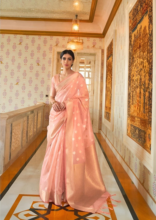 EKKTARA Saree For Women Light Orange Zari Woven Linen Silk Saree