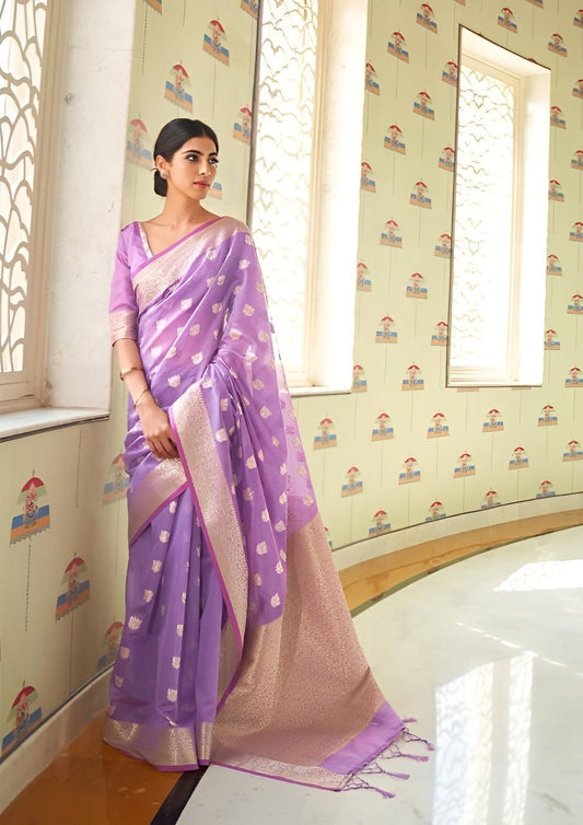 EKKTARA Saree For Women Iris Purple Zari Woven Linen Silk Saree