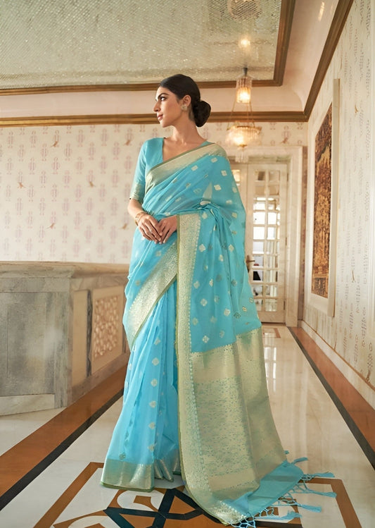 EKKTARA Saree For Women Turquoise Zari Woven Linen Silk Saree