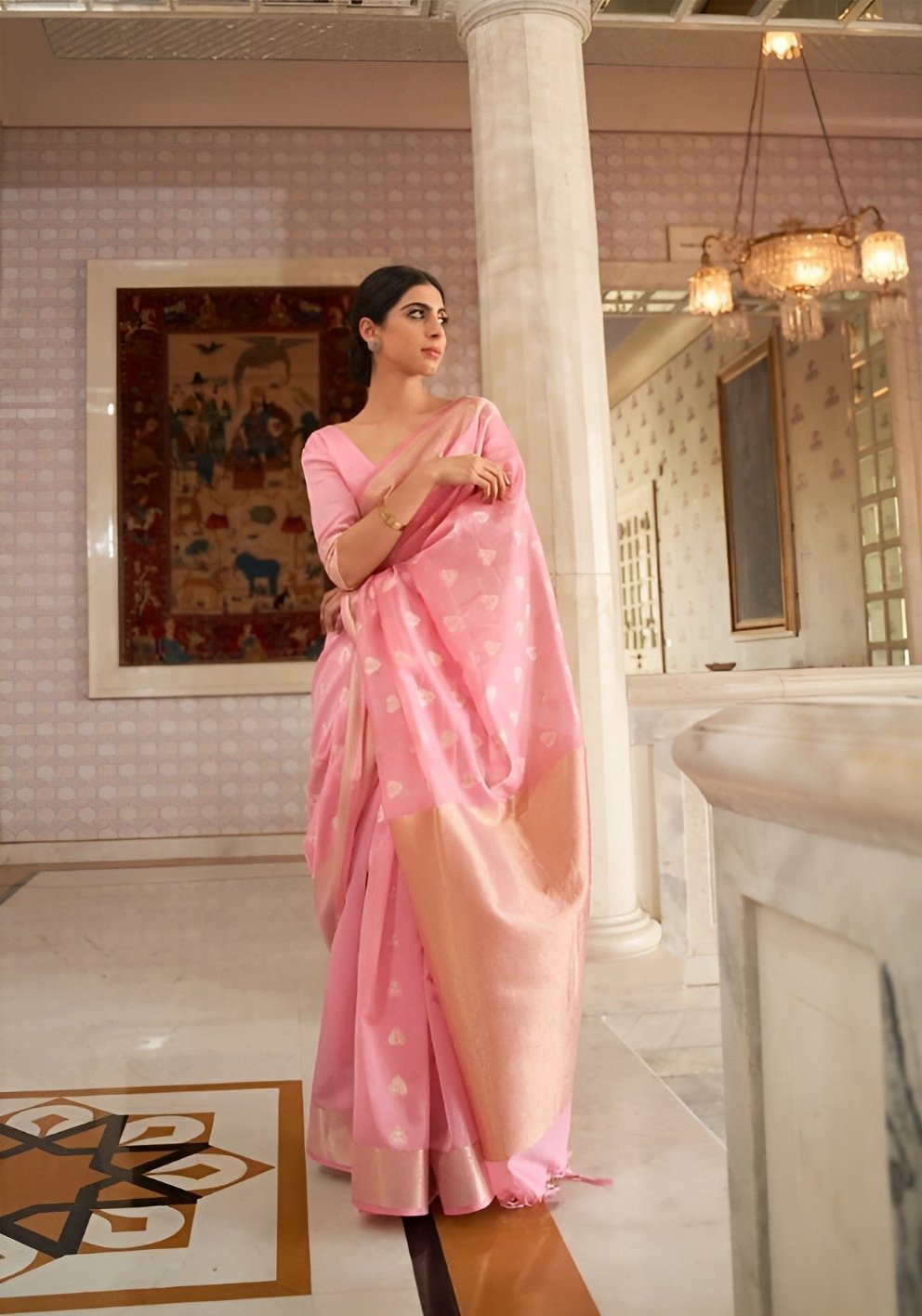 EKKTARA Saree For Women Flamingo Pink Zari Woven Linen Silk Saree
