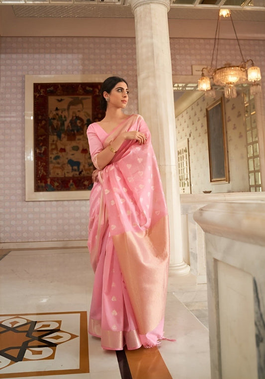 EKKTARA Saree For Women Flamingo Pink Zari Woven Linen Silk Saree