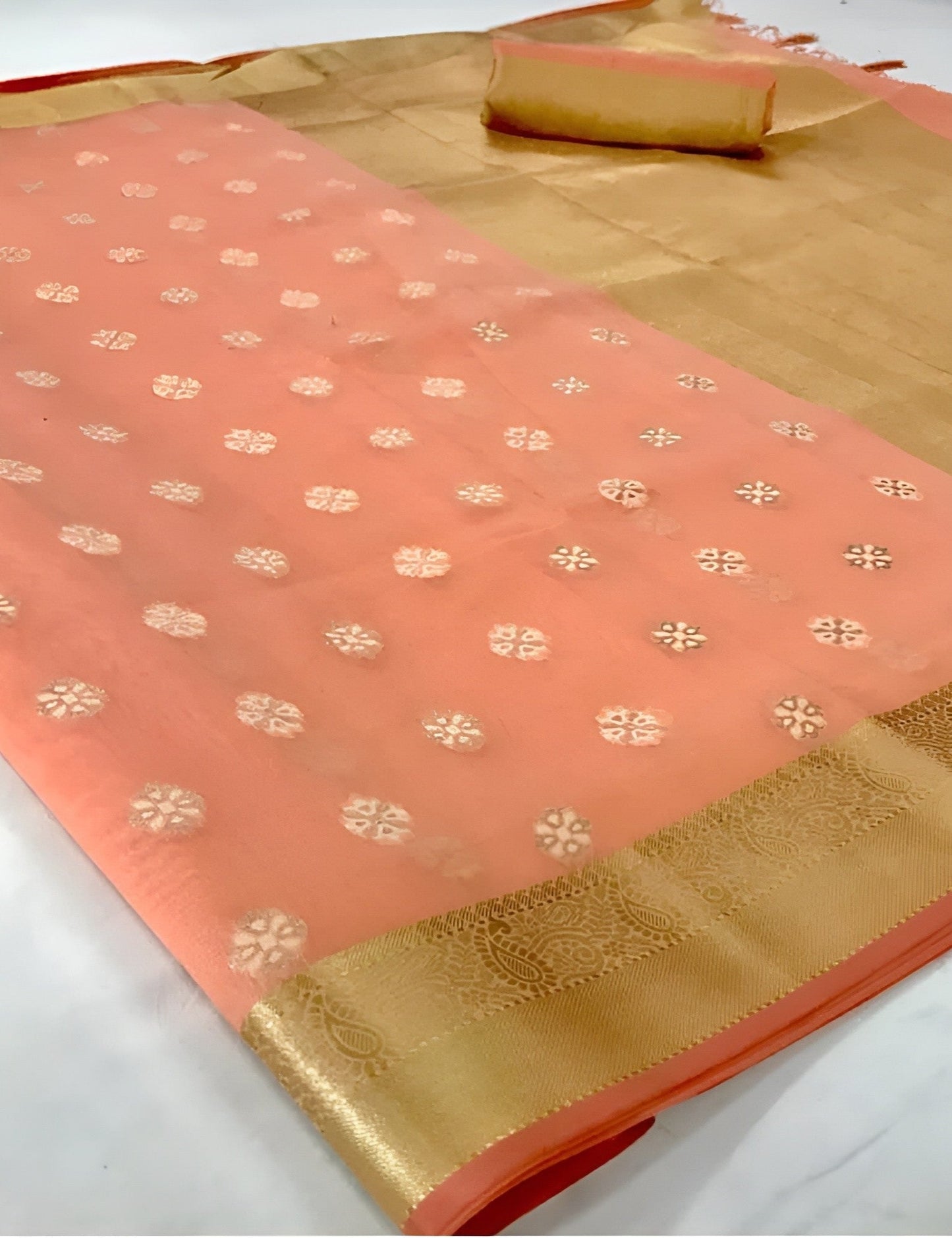 EKKTARA Saree For Women Light Orange Zari Woven Linen Silk Saree