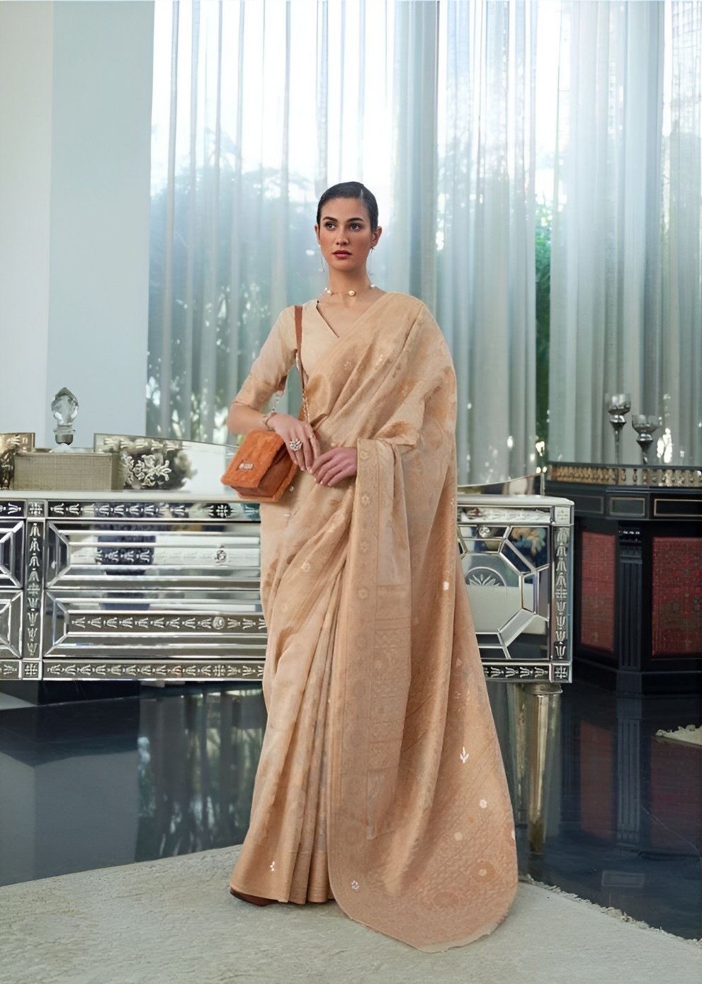 EKKTARA Saree For Women Sand Beige Chikankari Lucknowi Weaving Saree