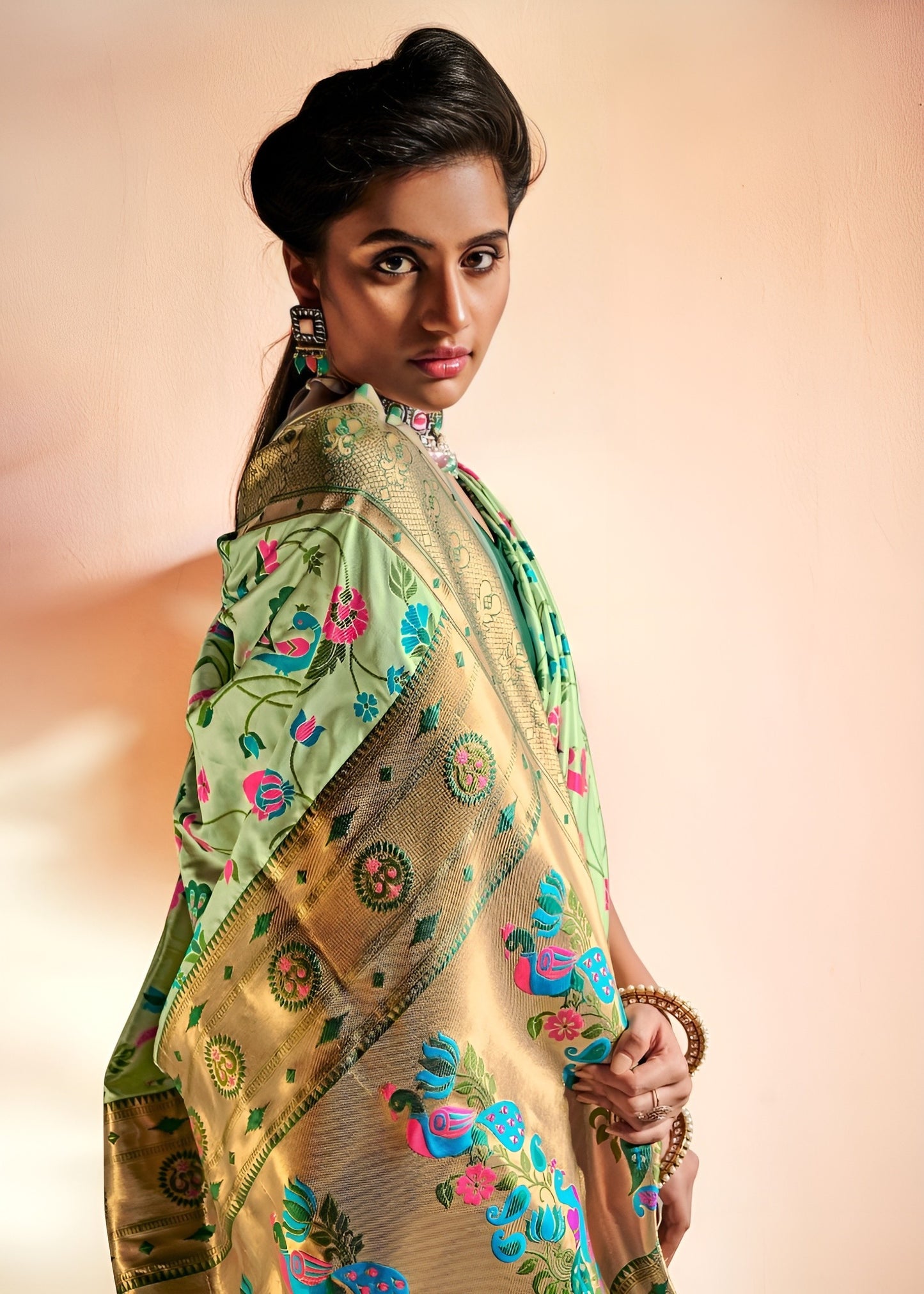 EKKTARA Saree For Women Pista Colour Pure Silk Paithani Saree