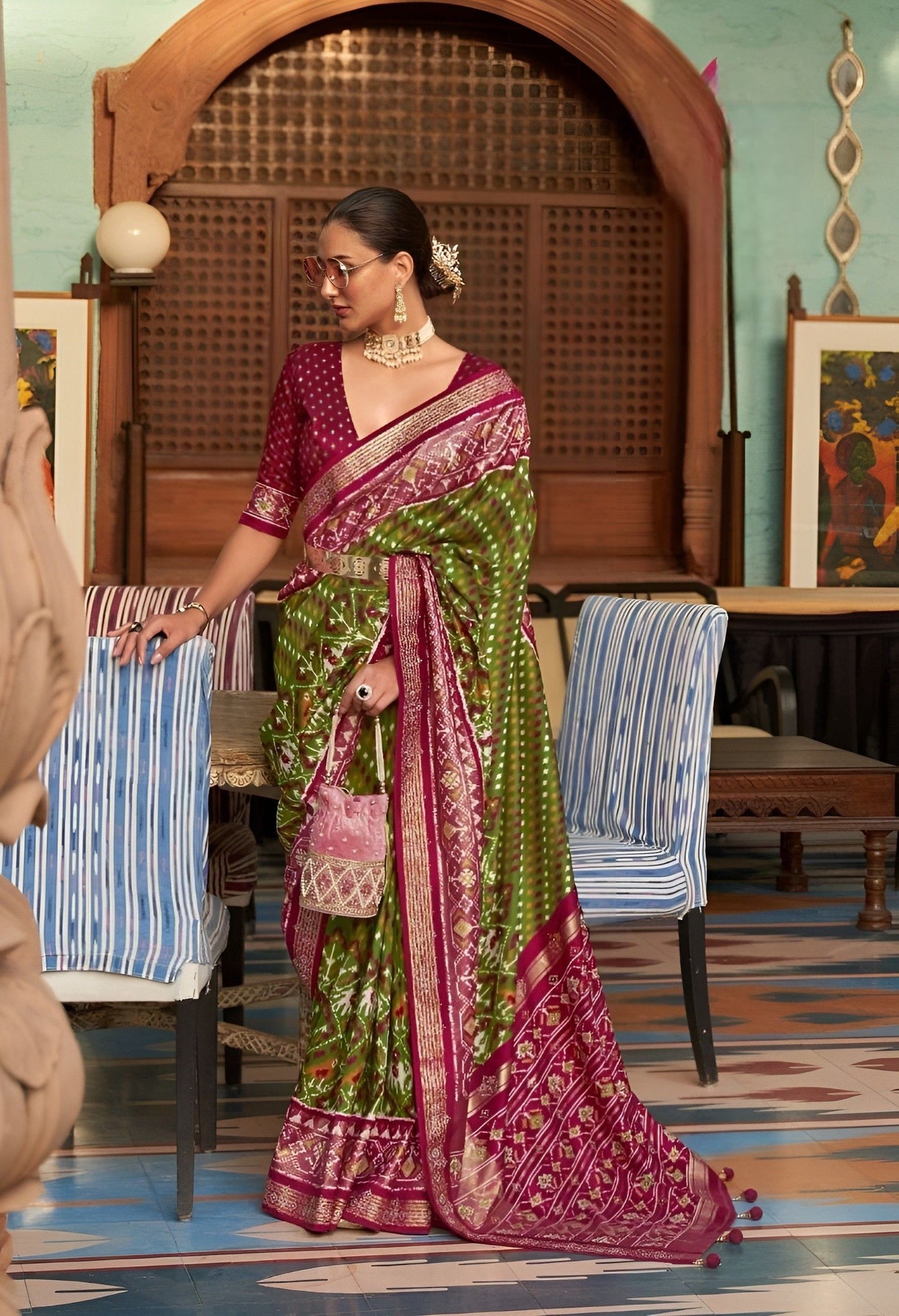 EKKTARA Saree For Women Olive Green Colour Soft Silk Printed Patola Saree With Unstitched Blouse