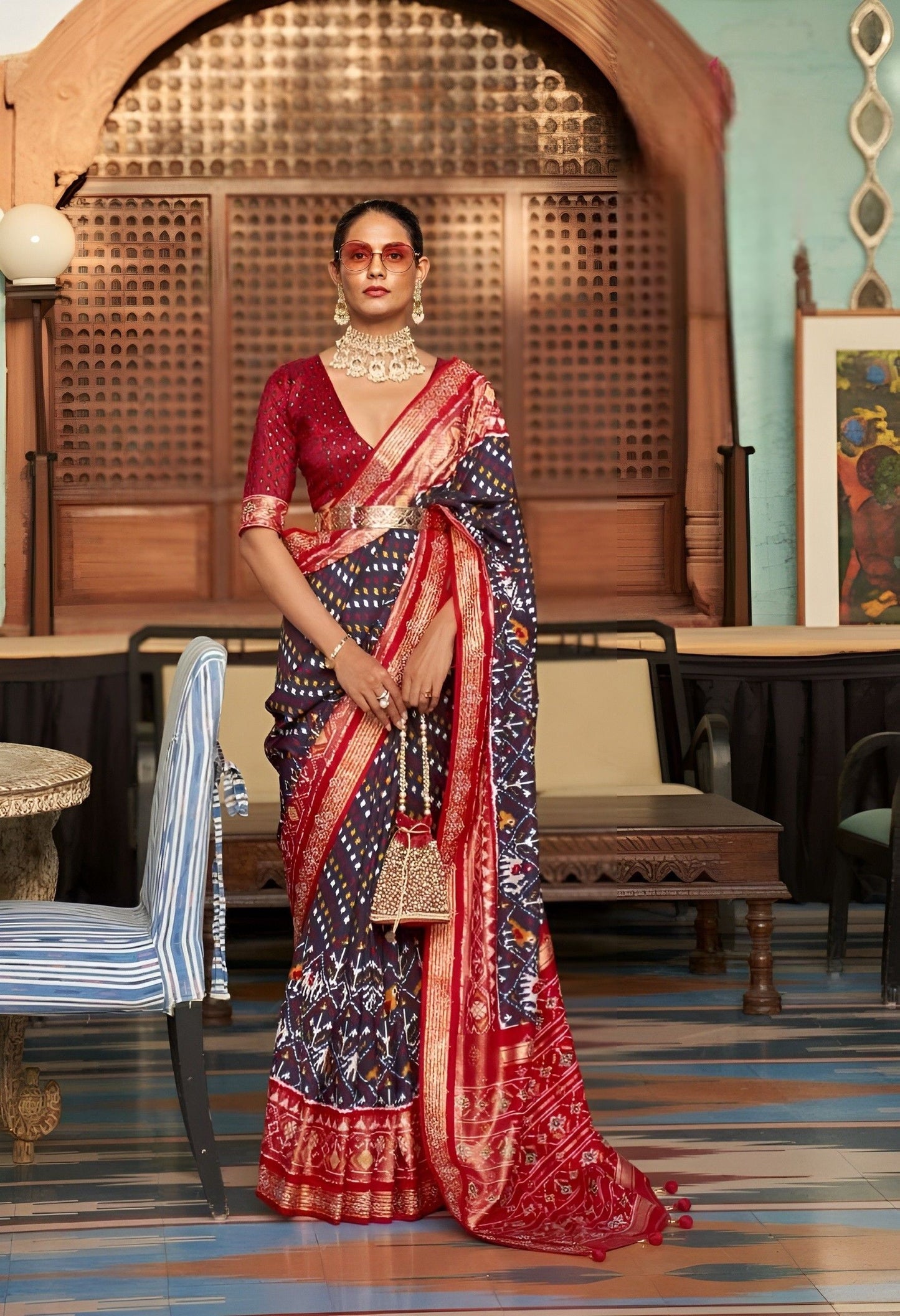 EKKTARA Saree For Women Purple Colour Soft Silk Printed Patola Saree With Unstitched Blouse