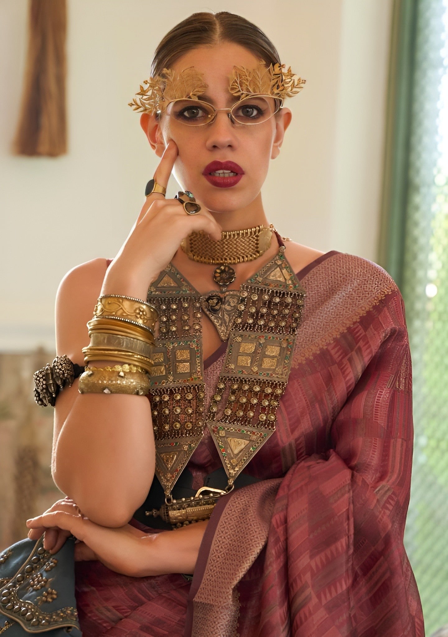 EKKTARA Saree For Women Cinnamon Brown Handloom Two Tone Organza Saree