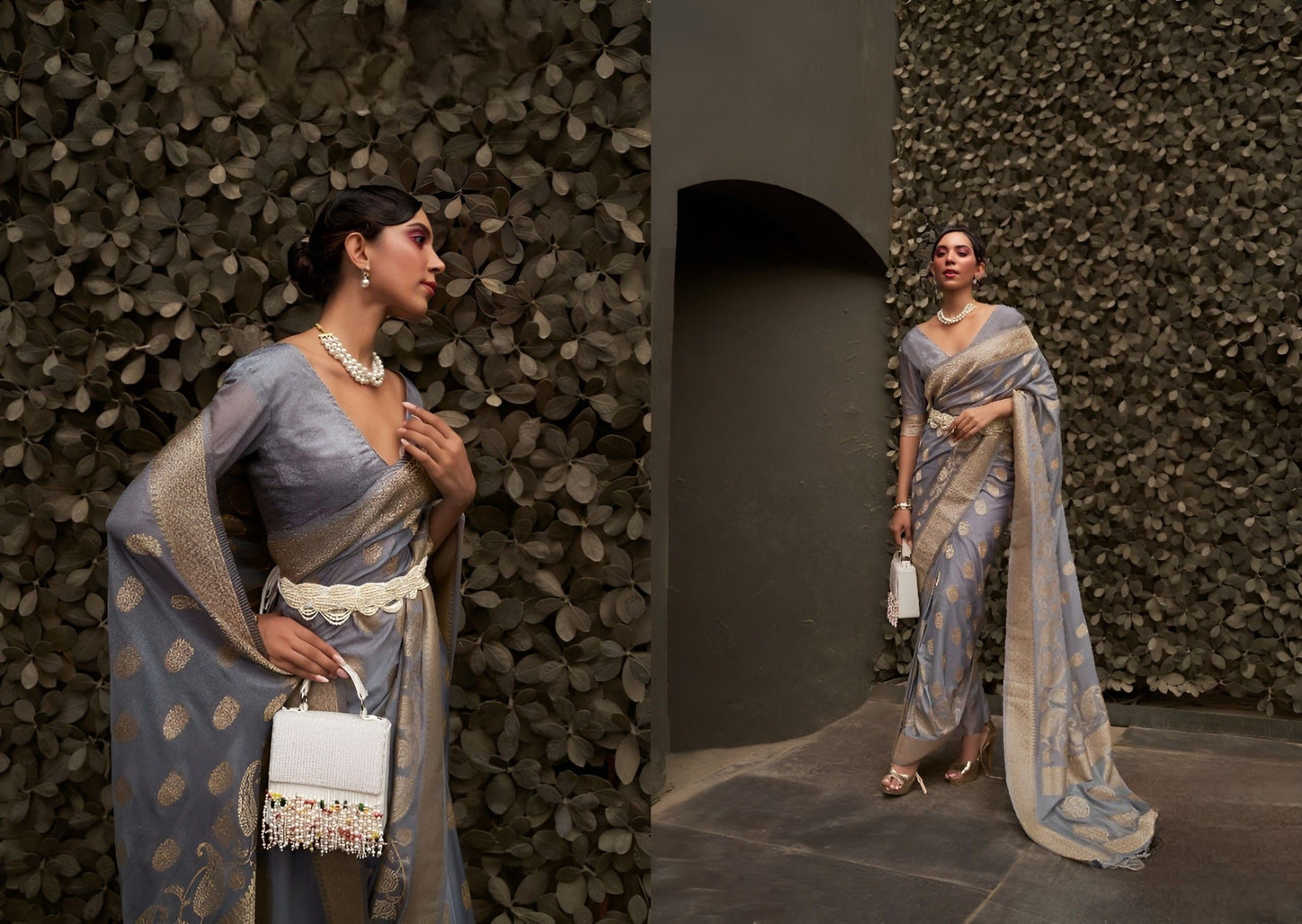 EKKTARA Saree For Women Grey Silk Two Tone Weaving Saree