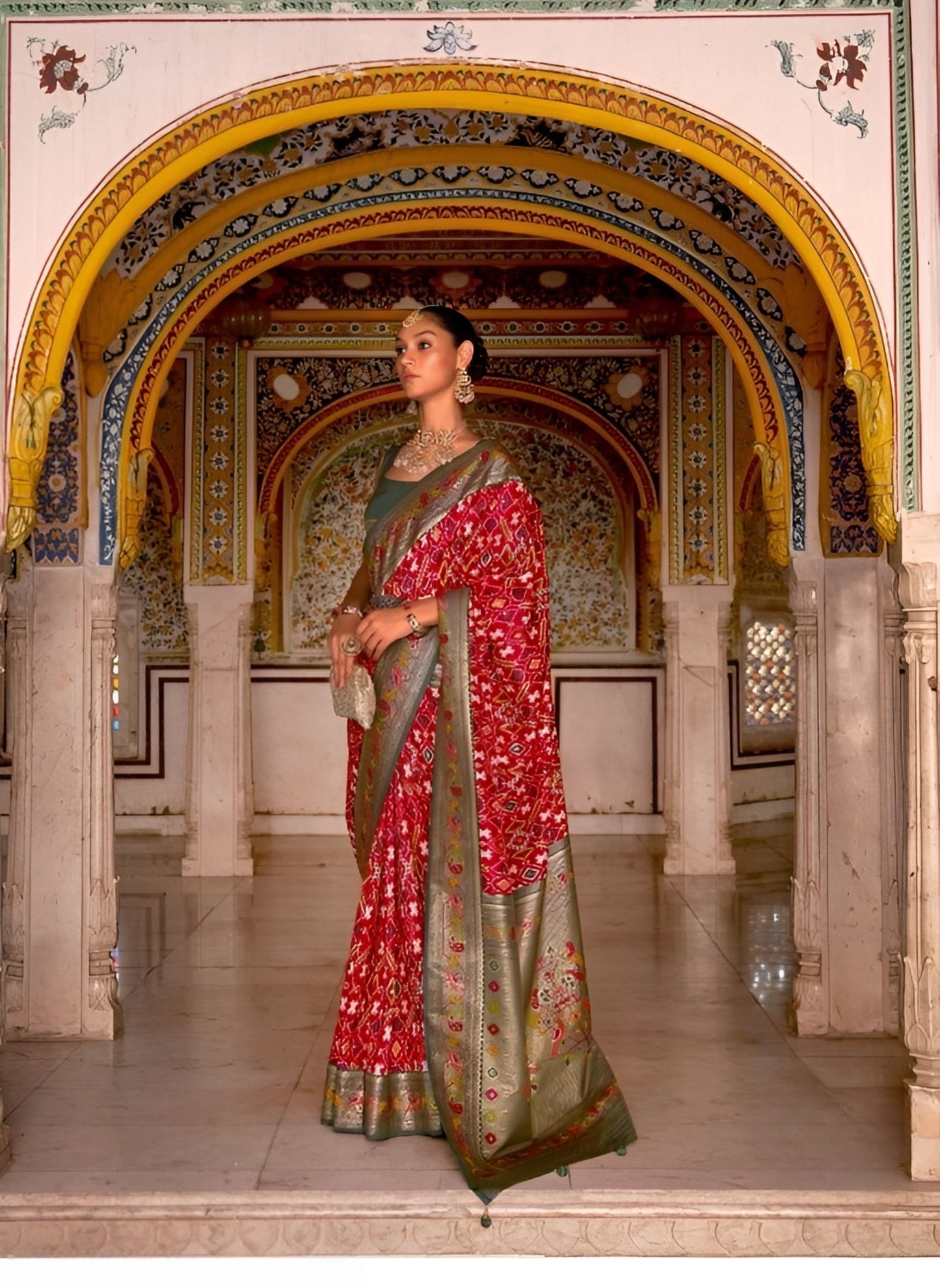 EKKTARA Saree For Women Red Colour Designer Paithani Patola Saree With Unstitched Blouse