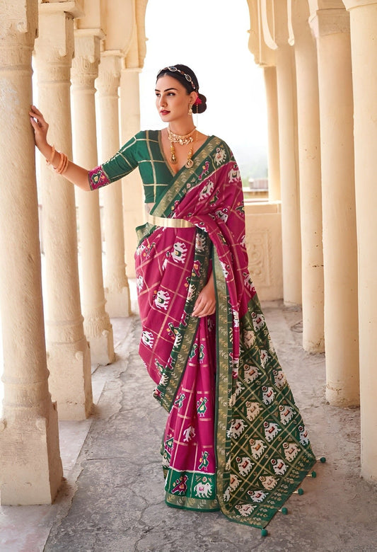EKKTARA Saree For Women Magenta Pink Patola Silk Saree