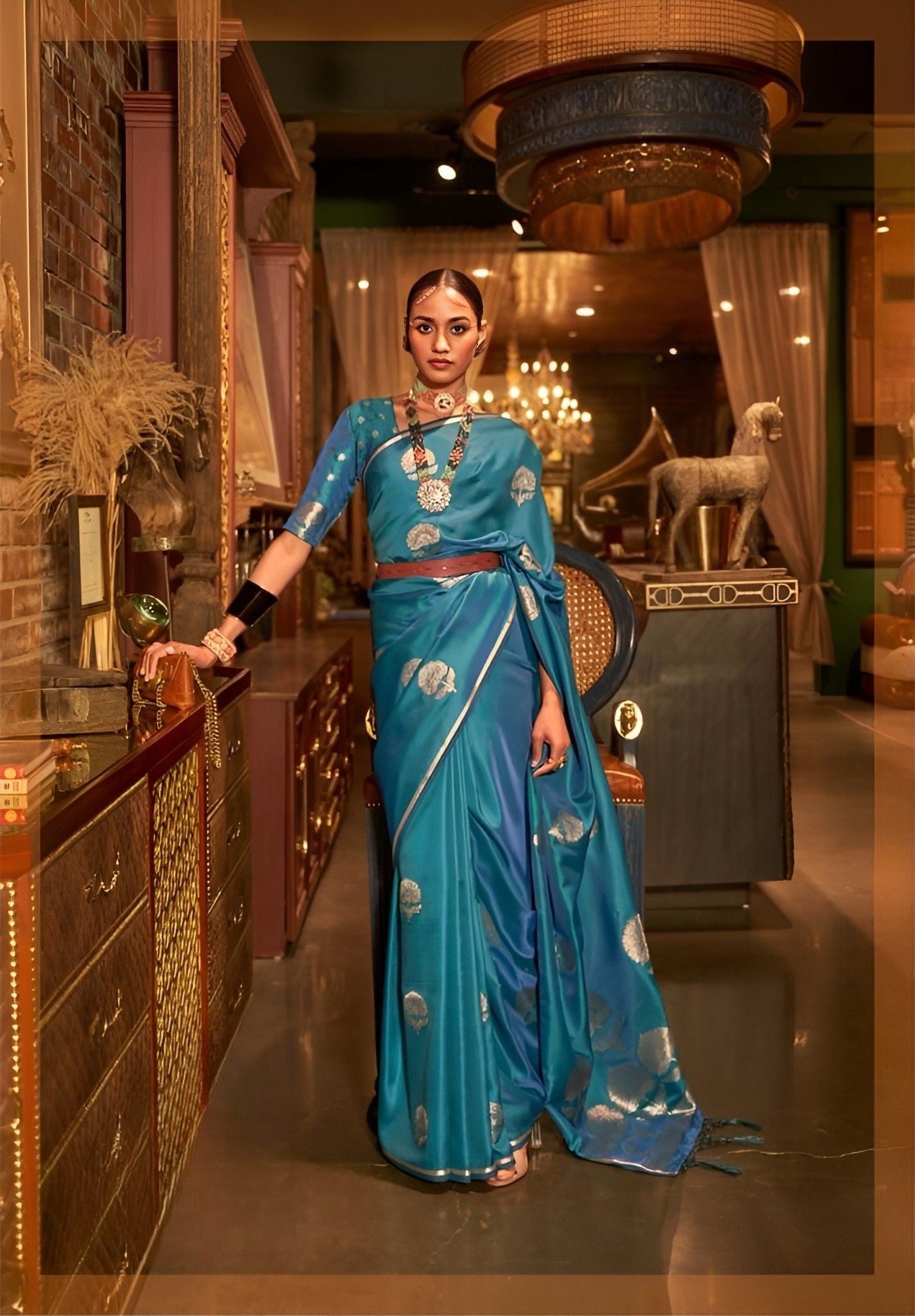 EKKTARA Saree For Women Azure Blue Satin Silk Handloom Weaving Saree