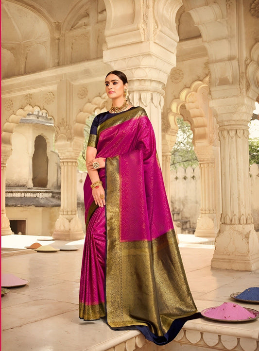 EKKTARA Saree For Women Golden Magenta Colour Banarasi Silk Zari Saree With Unstitched Blouse