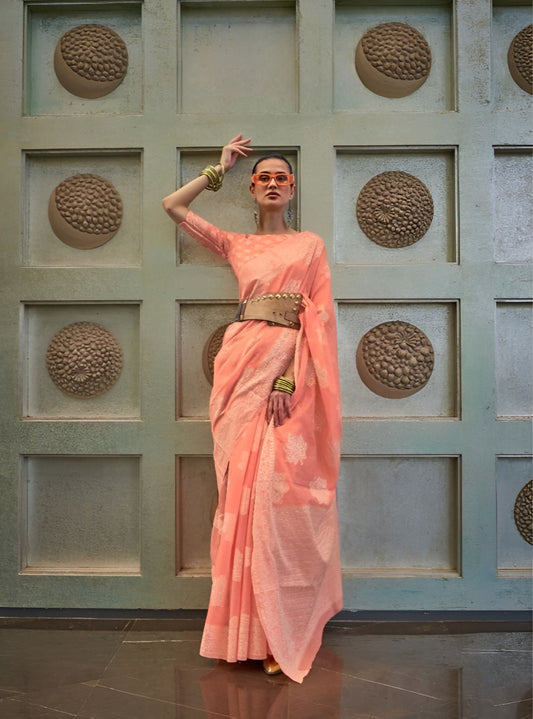 EKKTARA Saree For Women Light Orange Chikankari Lucknowi Handwowen Saree