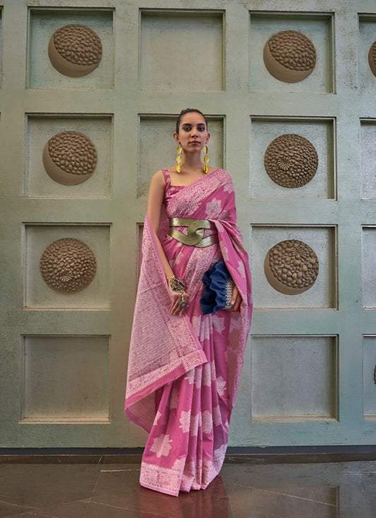 EKKTARA Saree For Women Taffy Pink Chikankari Lucknowi Handwowen Saree