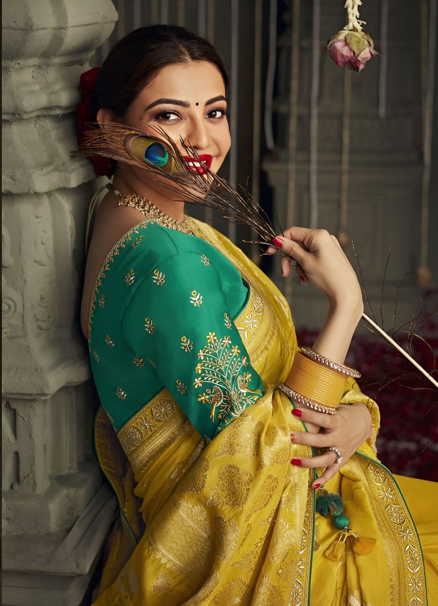 EKKTARA Saree For Women Yellow Designer Silk Celebrity Saree