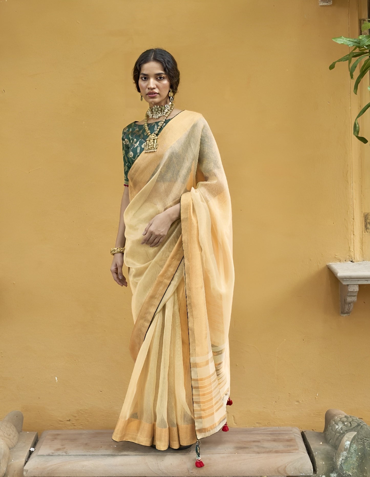 EKKTARA Saree For Women Light Yellow Organza Tissue Saree
