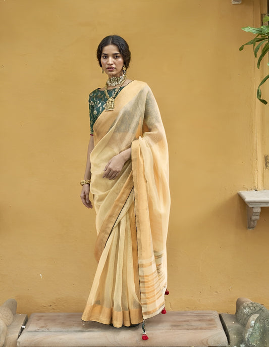 EKKTARA Saree For Women Light Yellow Organza Tissue Saree