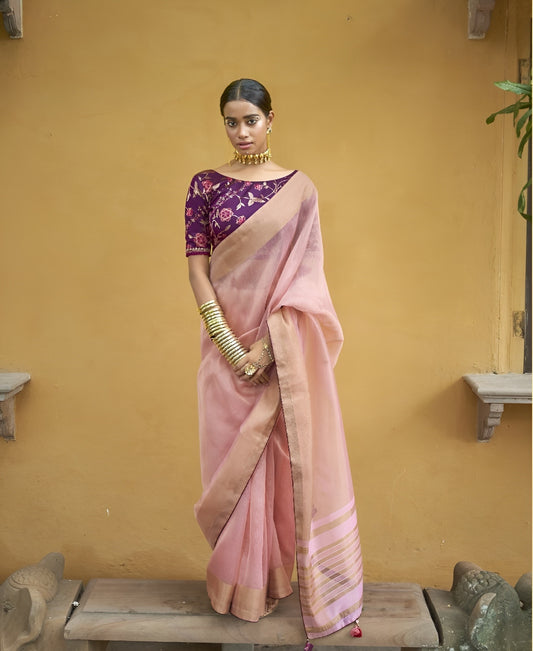 EKKTARA Saree For Women Crepe Pink Organza Tissue Saree
