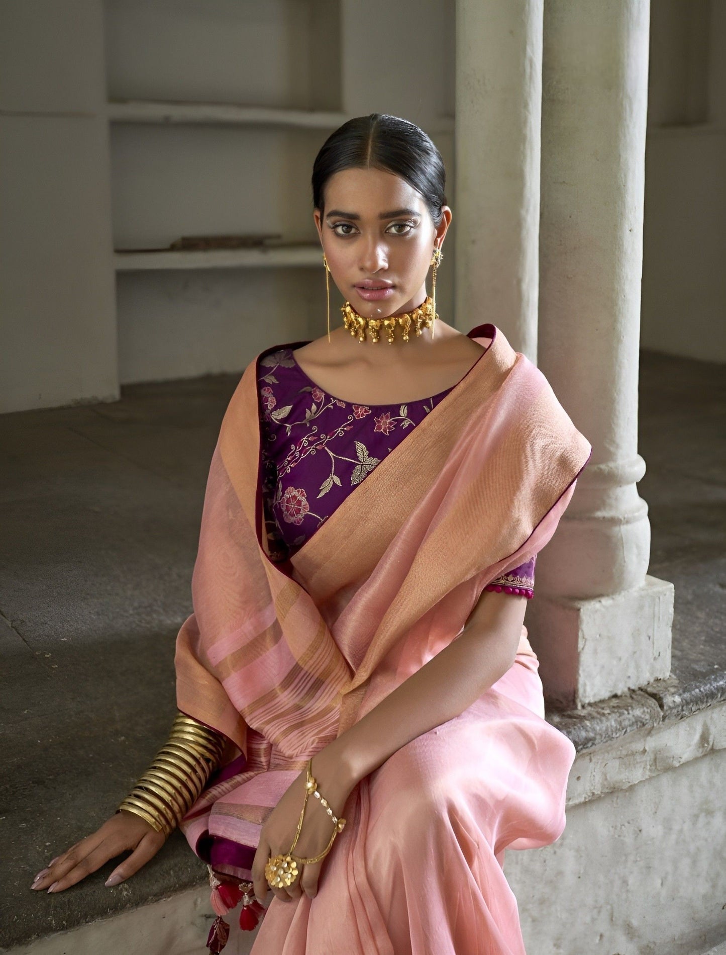 EKKTARA Saree For Women Crepe Pink Organza Tissue Saree