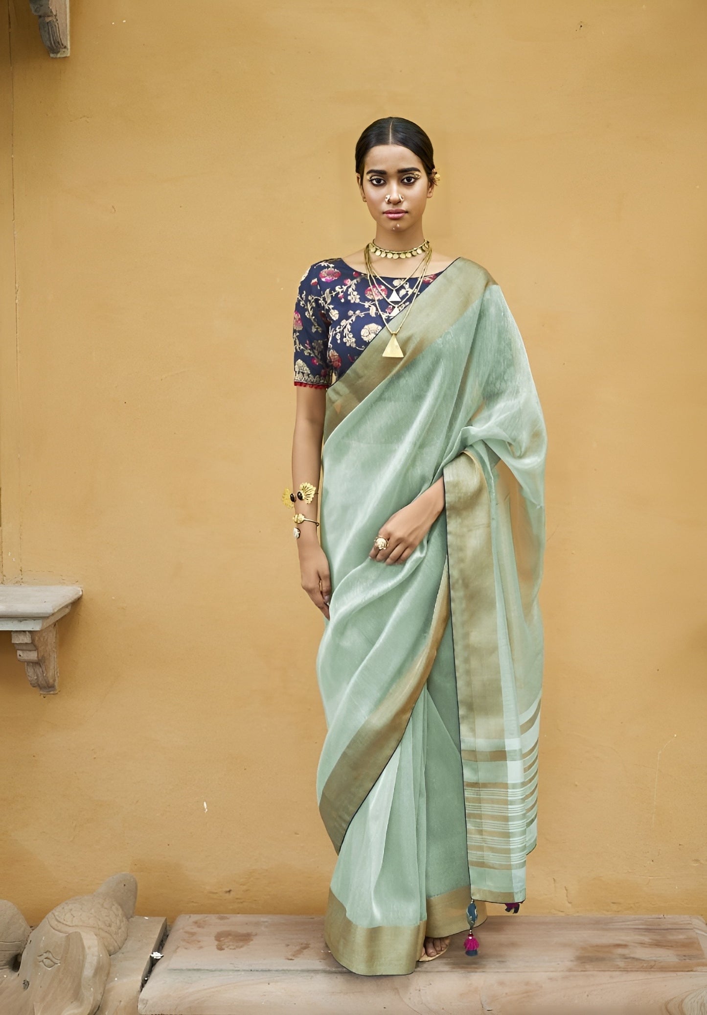 EKKTARA Saree For Women Tame Teal Organza Tissue Saree