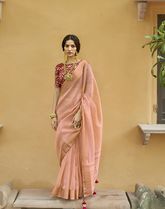 EKKTARA Saree For Women Light Orange Organza Tissue Saree