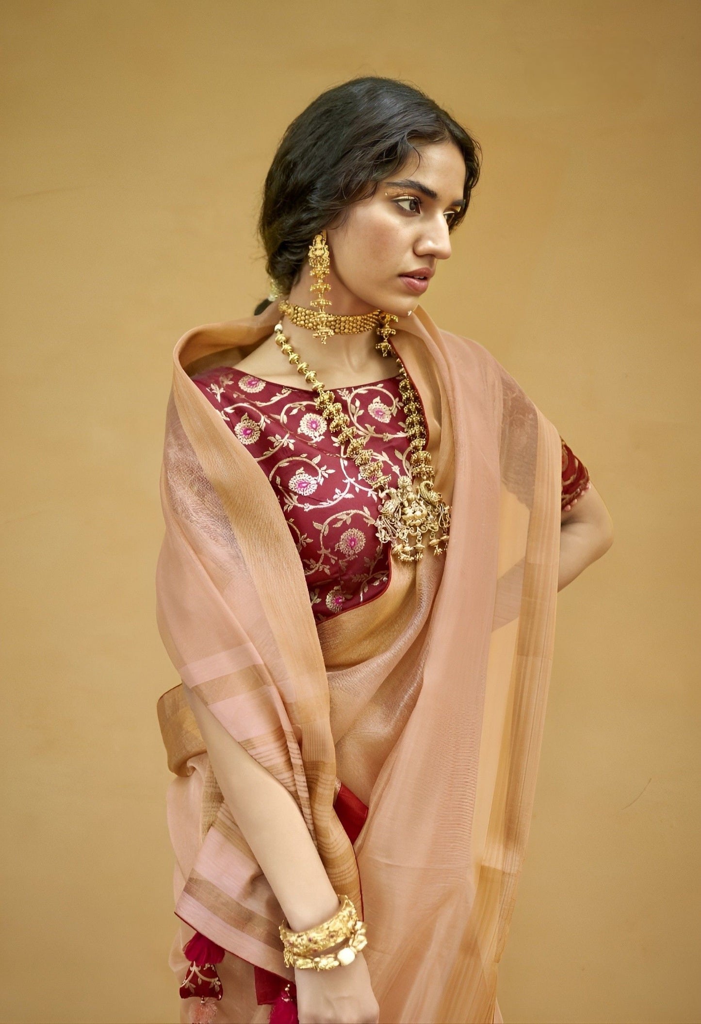 EKKTARA Saree For Women Light Orange Organza Tissue Saree