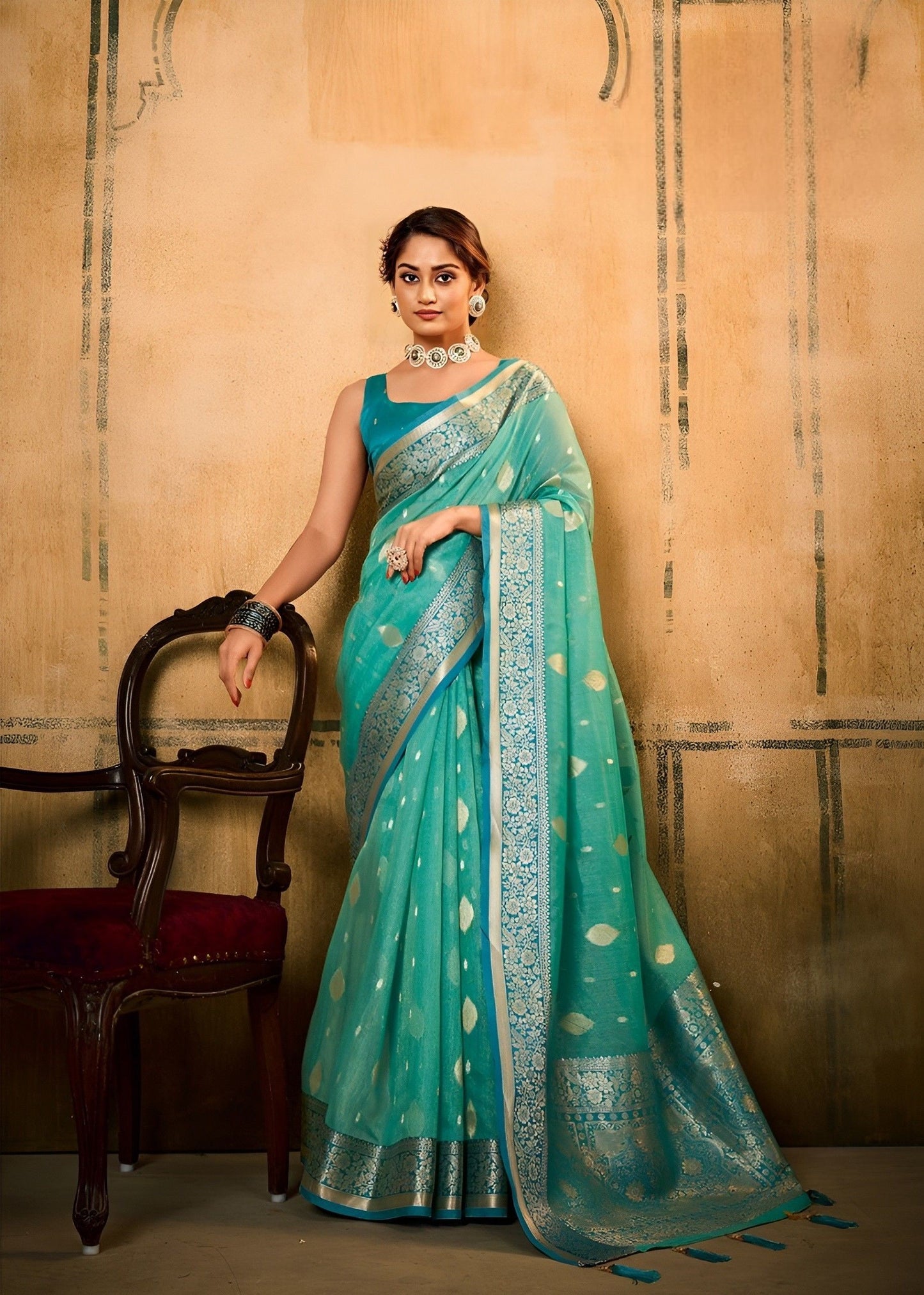 EKKTARA Saree For Women Misty Teal Green Banarasi Tissue Saree