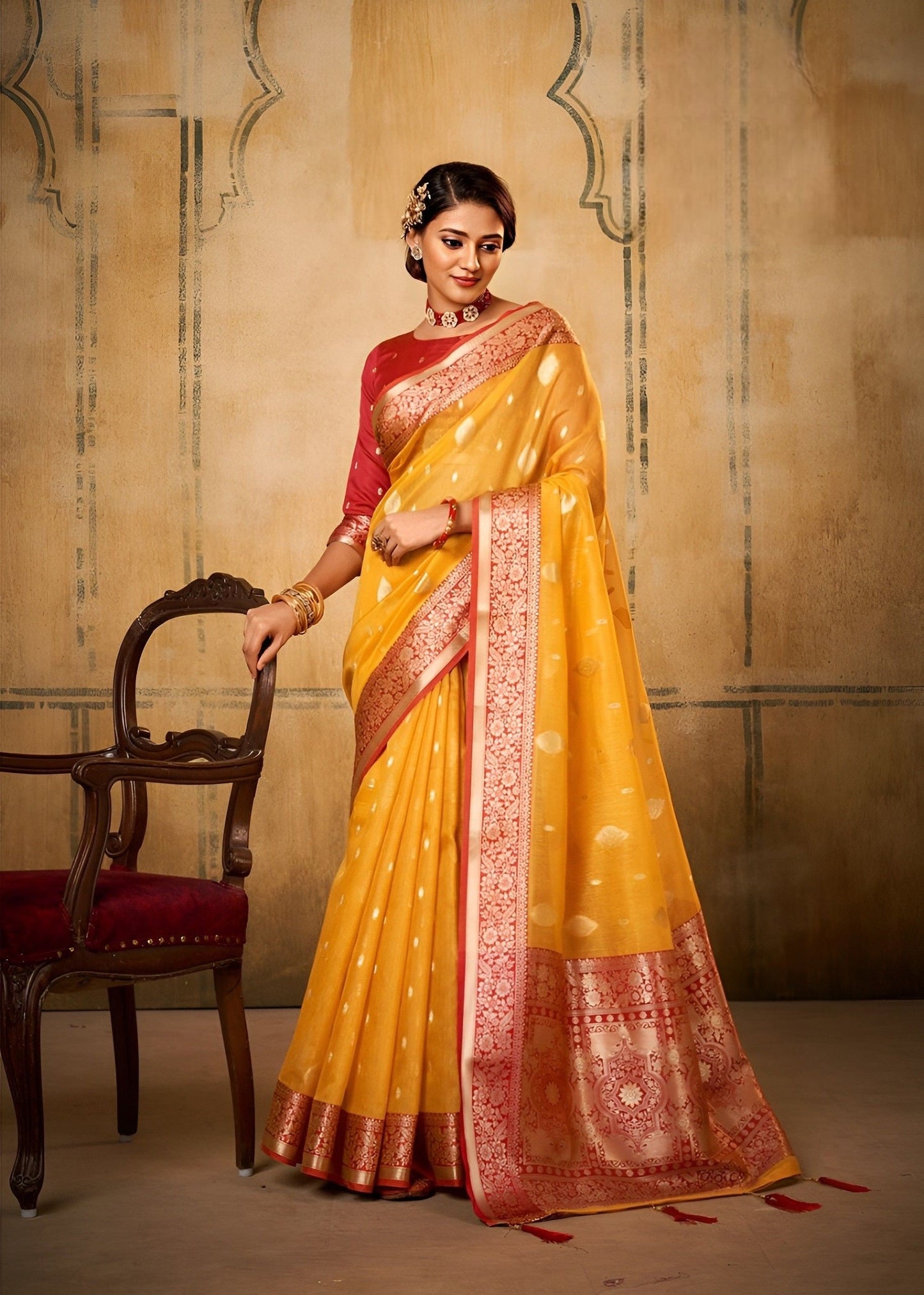 EKKTARA Saree For Women Golden Yellow Banarasi Tissue Saree