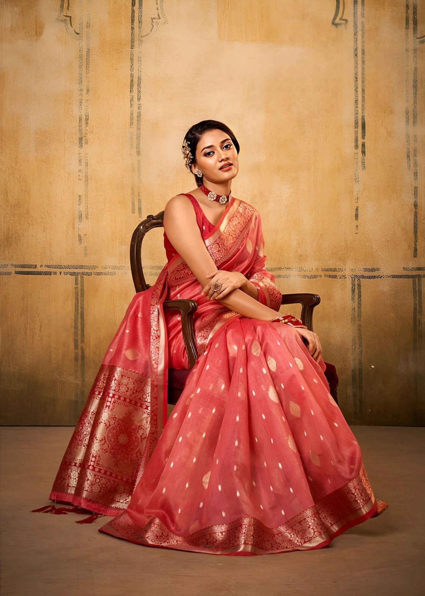 EKKTARA Saree For Women Candy Red Banarasi Tissue Saree