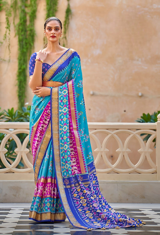 EKKTARA Saree For Women Azure Blue Colour Pure Silk Trendy Patola Saree With Unstitched Blouse