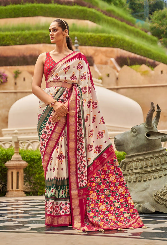 EKKTARA Saree For Women Off White Colour Pure Silk Trendy Patola Saree With Unstitched Blouse