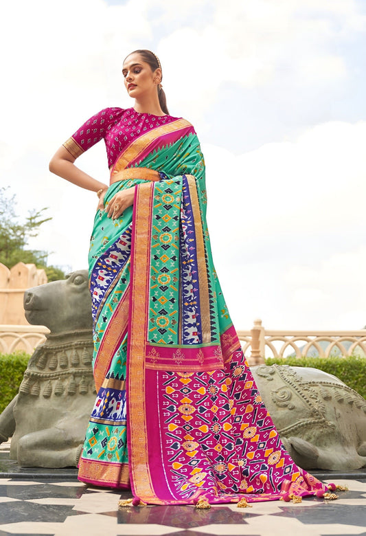 EKKTARA Saree For Women Mint Green Colour Pure Silk Trendy Patola Saree With Unstitched Blouse