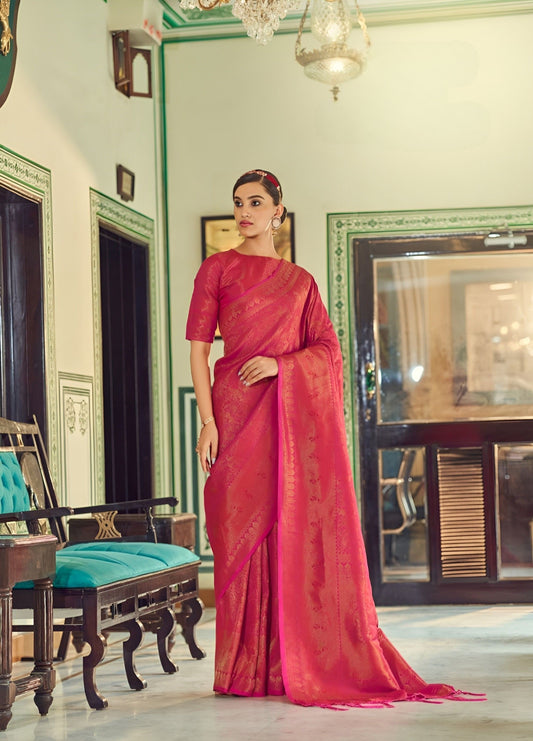 EKKTARA Saree For Women Punch Pink Handloom Weaving Silk Saree