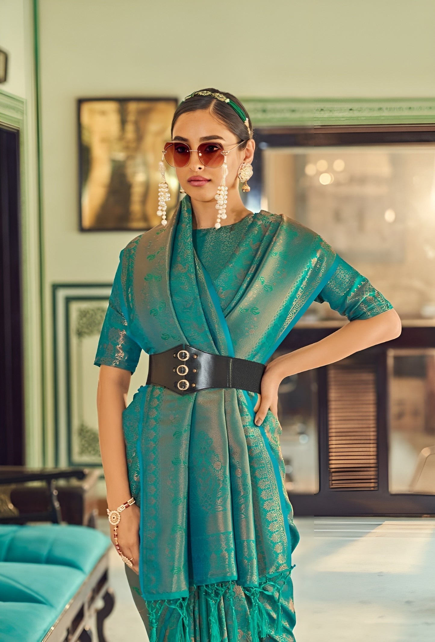 EKKTARA Saree For Women Teal Green Handloom Weaving Silk Saree