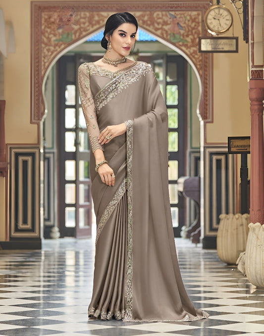 EKKTARA Saree For Women Tan Colour Silk Designer Satin Saree
