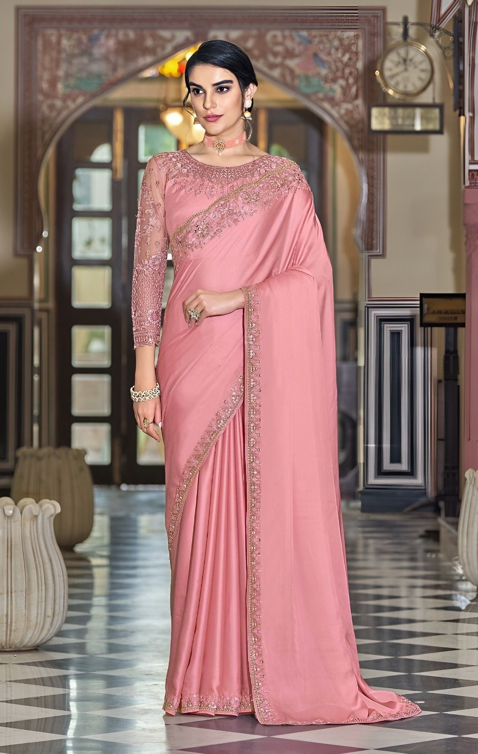 EKKTARA Saree For Women Blush Pink Silk Designer Satin Saree – Ekktara