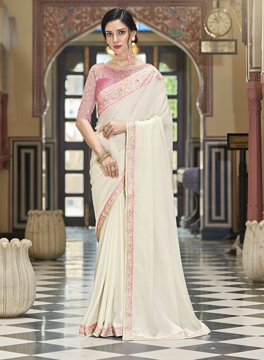 EKKTARA Saree For Women Creamy White Colour Silk Designer Satin Saree