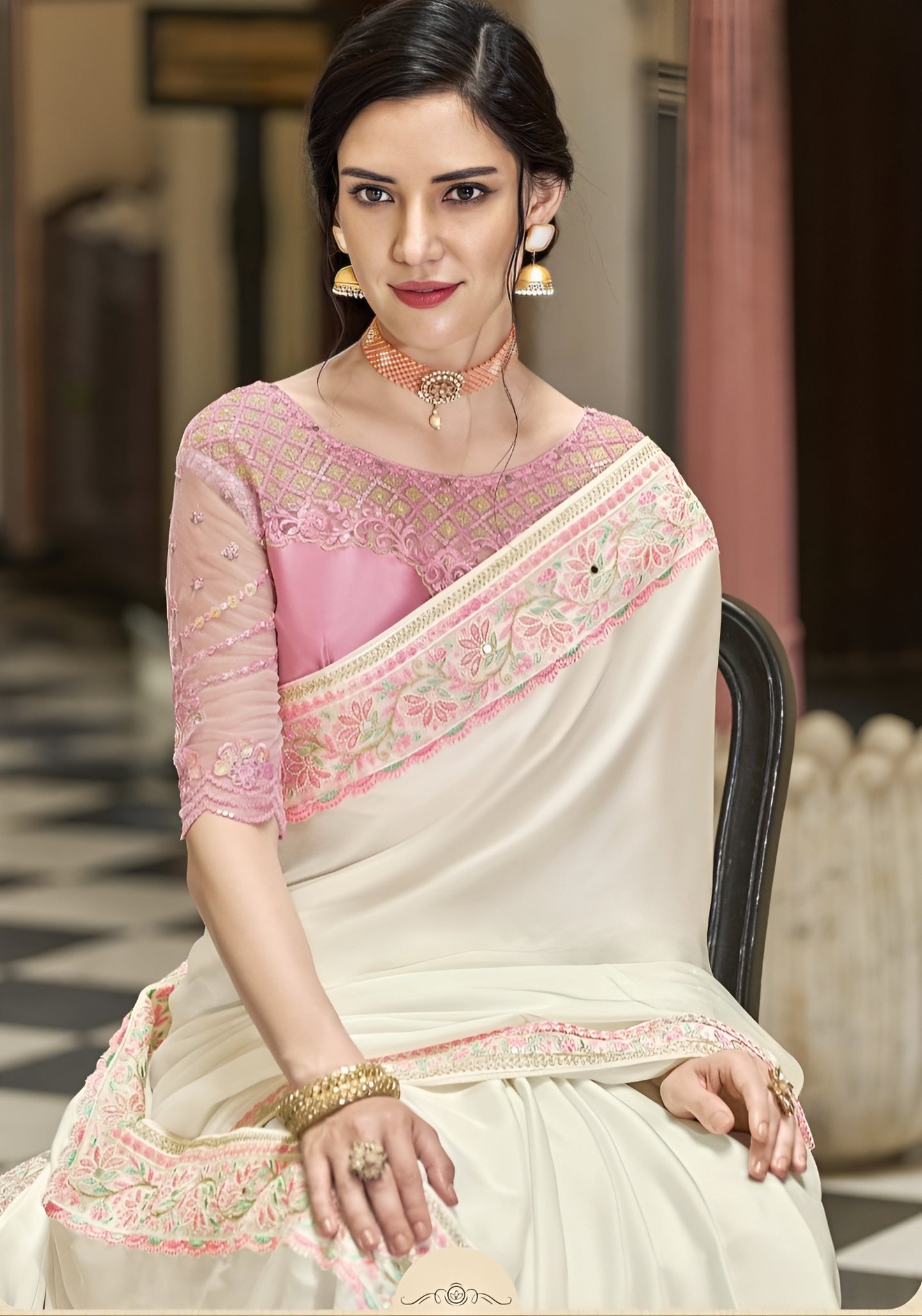 EKKTARA Saree For Women Creamy White Colour Silk Designer Satin Saree